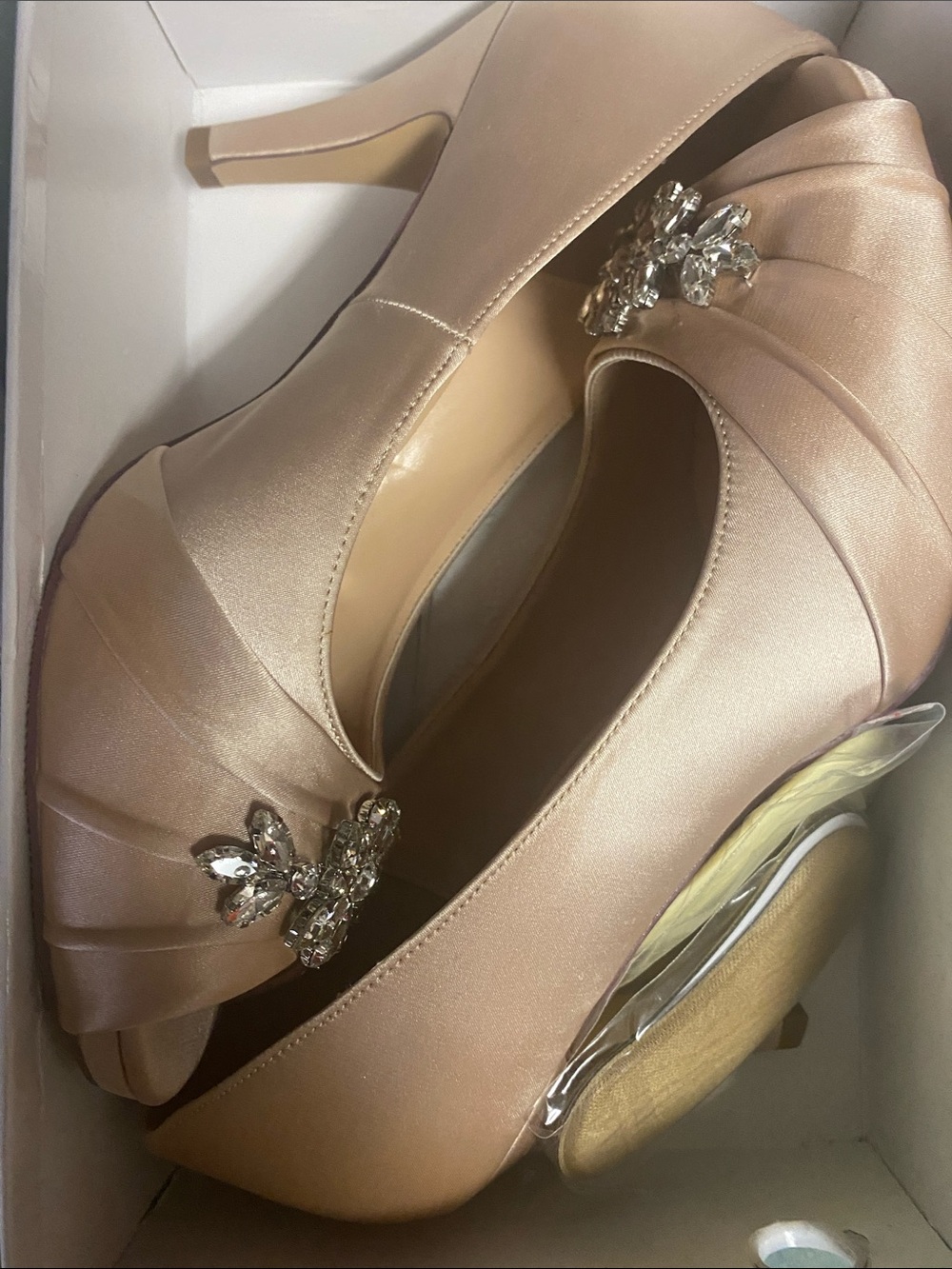 ERIJUNOR Blush Satin Jeweled Peep-Toe Heels